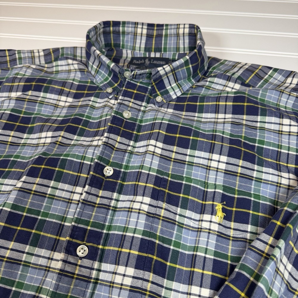 Vtg Ralph Lauren Shirt Mens Large Blue Green Plaid‎ Big Shirt Button Up Pony 90s